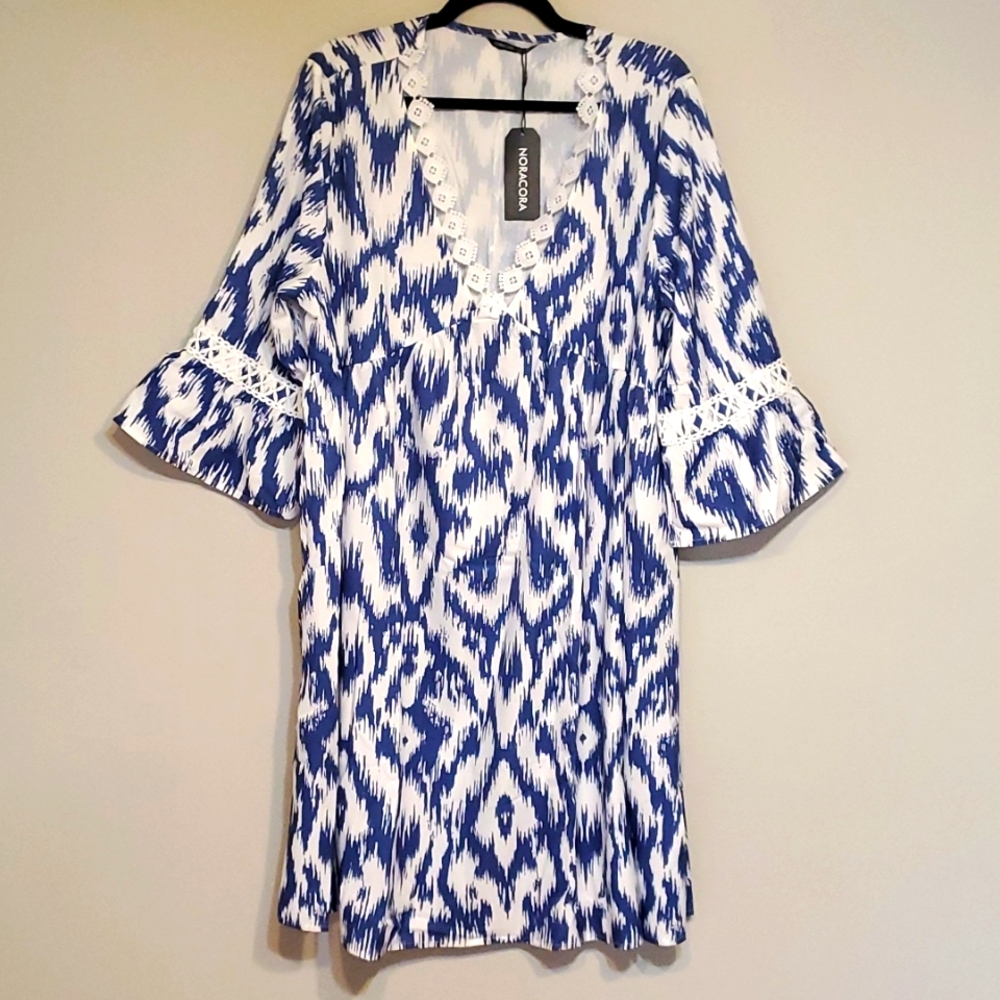 NoraCora Tunic Knee Length V-Neck Dress with Lace and Bell Sleeves, 3XL